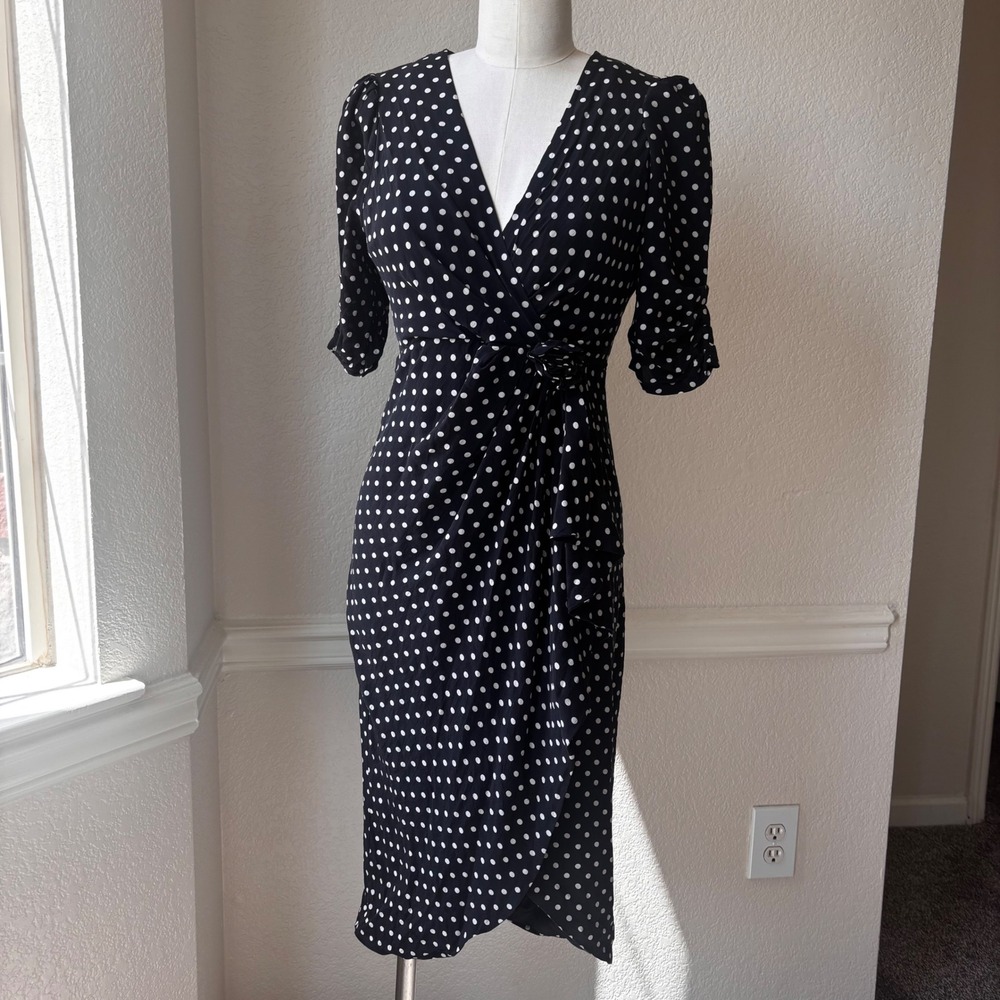 LUCCI LU Silk Polka Dot Midi Formal Ruched Sleeves Flower Detail Wrap Dress